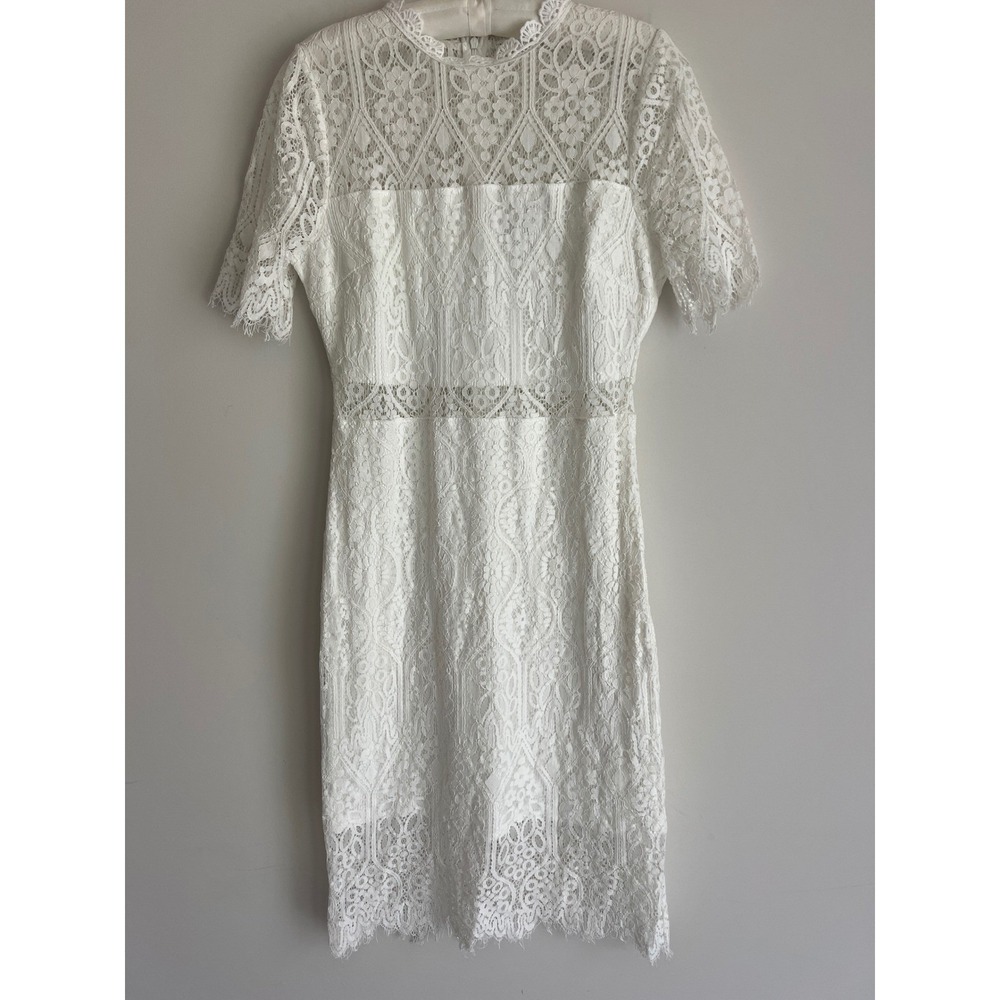 Lulus White Floral Lace High Neck Sheath Dress Short Sleeve Eyelash Trim Size L
